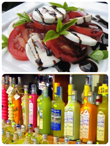 Delicious Caprese salad and beautiful limoncello bottles for sale.